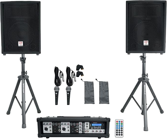 Rockville Package PA System Mixer/Amp+10" Speakers+Stands+Mics+Bluetooth